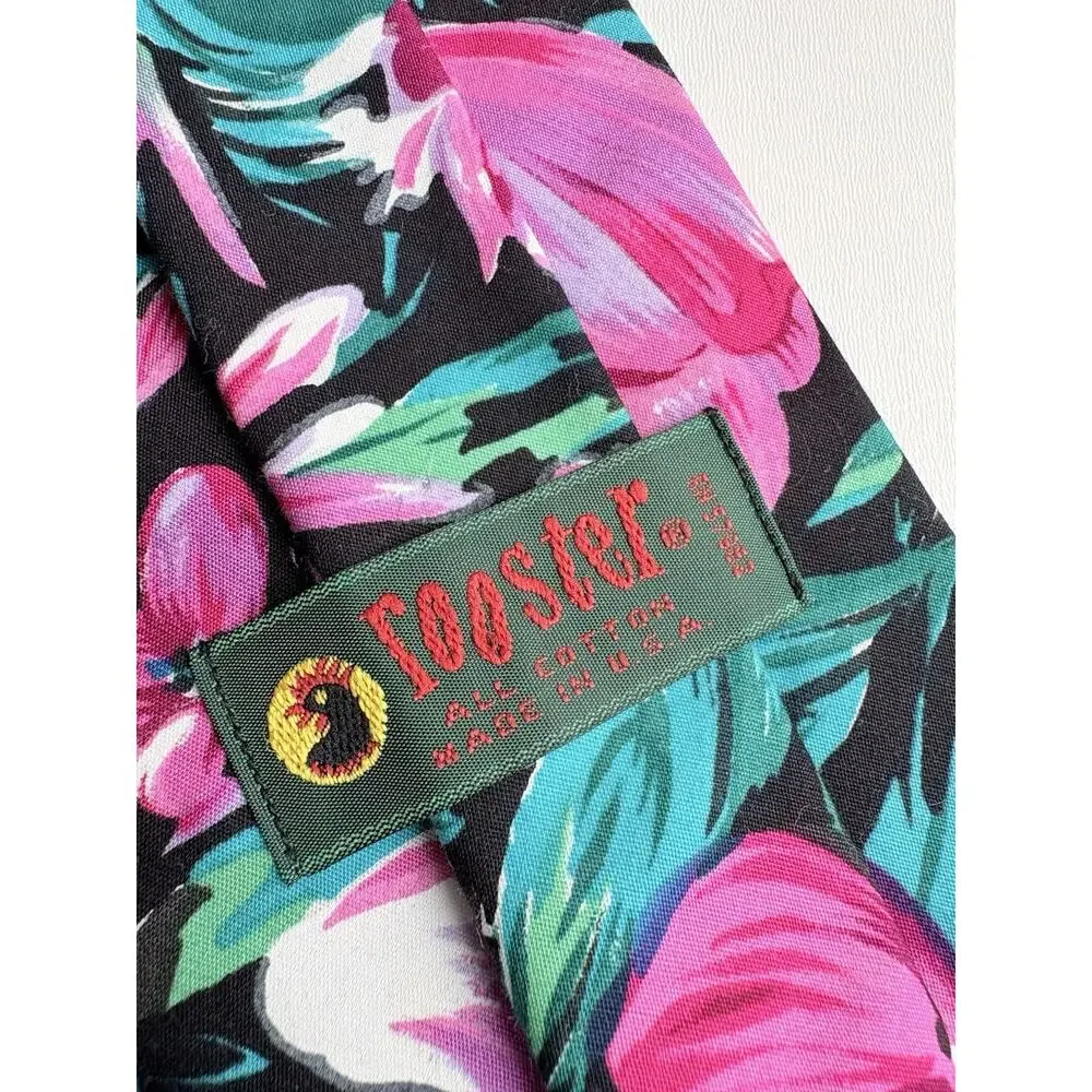 Vintage Rooster Tropical Floral Cotton Tie Lot of 2 USA 100% Cotton 54.5